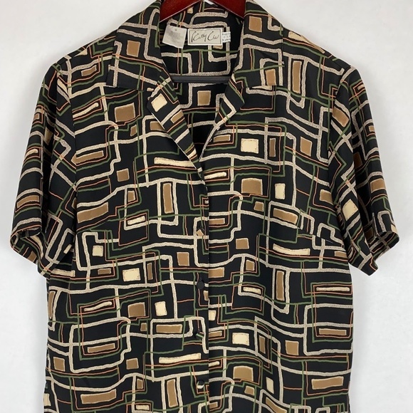 Vintage Kathy Che Geometric Short Sleeve Button Down Blouse Top Medium EUC - Picture 1 of 5